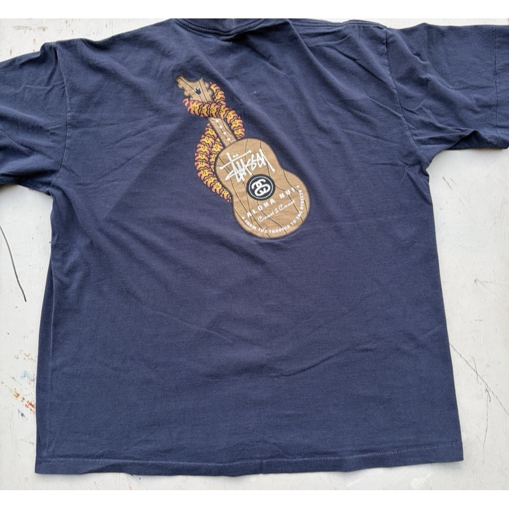 Men's Vintage Stussy T-Shirt Blue Spell-Out 2XL Street Single Stitch 90s USA Y2K